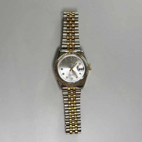 Y2K Gold Silver Quartz Watch with Patterned Dial Date Window Unisex 8.5" New - Picture 2 of 5